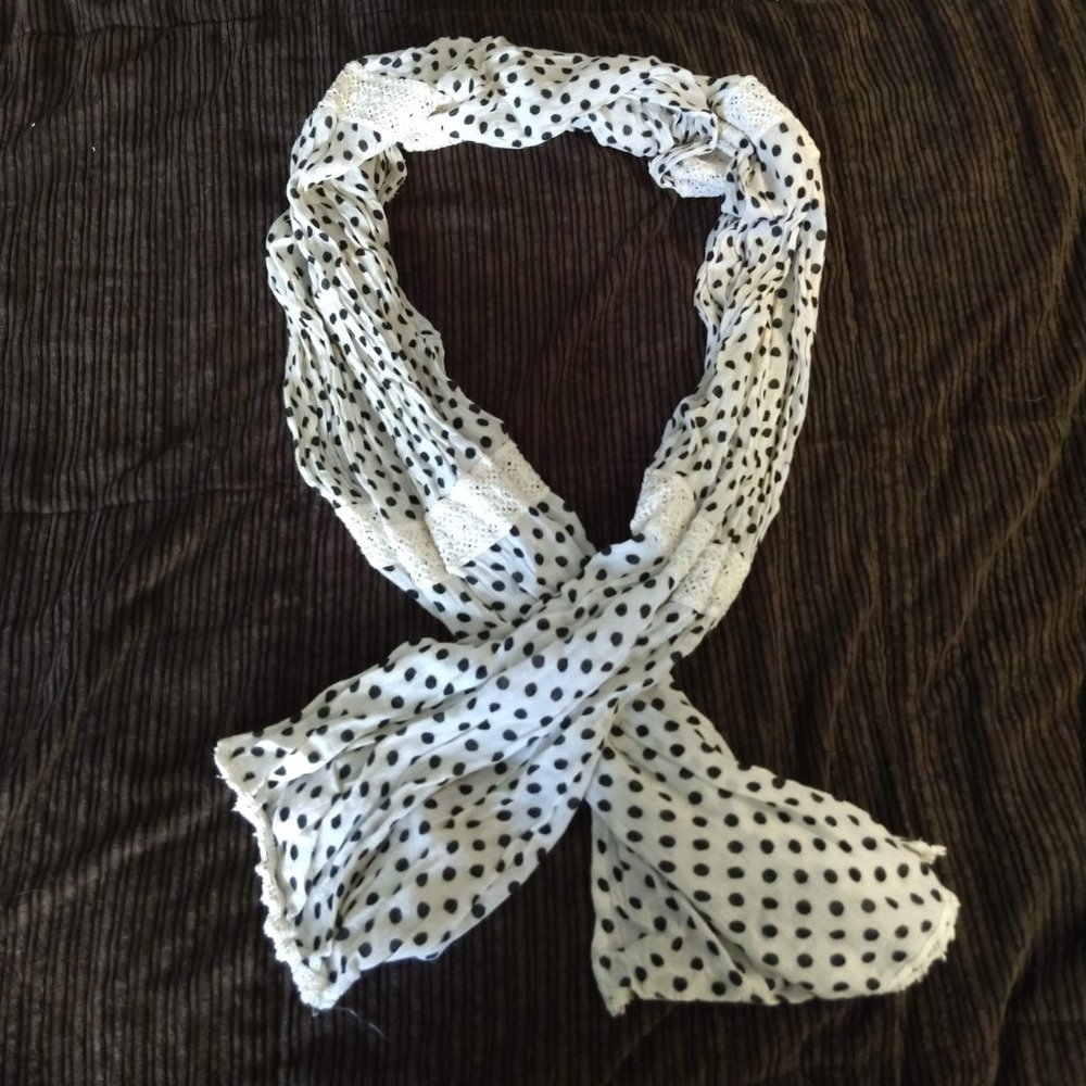 Black and White Polka Dot and Lace Scarf